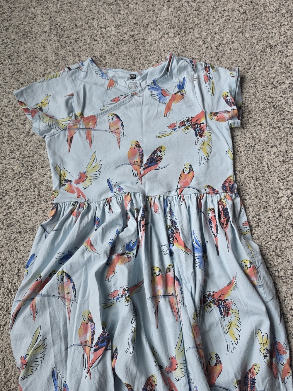 Girls' Light Blue Parrot-Print Short Sleeve Dress